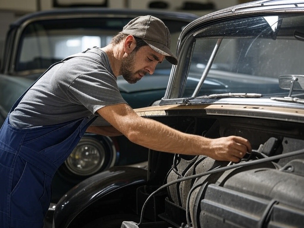 Mechanik przy silniku klasycznego auta