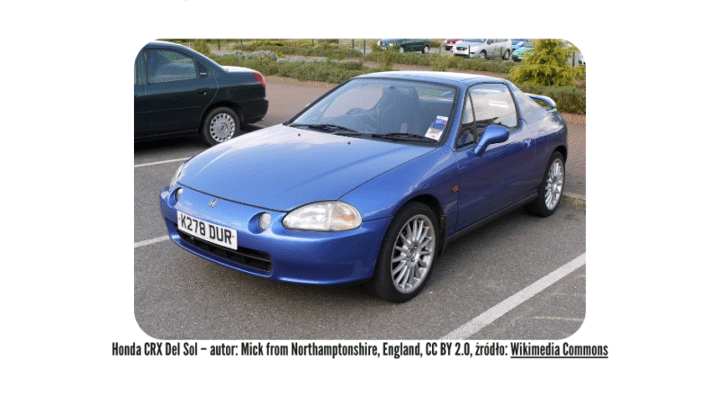 Niebieska Honda CRX Del Sol zaparkowana na parkingu, prezentowana jako jedno z 10 najlepszych youngtimerów do 30 tys. zł. Grafika pochodzi z portalu Retricars.com – Giełdy Motoryzacji Klasycznej.