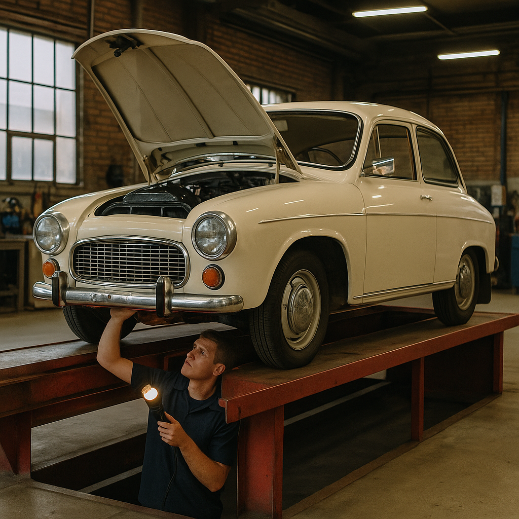 Klasyczny samochód w kolorze kremowym podczas przeglądu technicznego – otwarta maska, pojazd ustawiony na kanale serwisowym w warsztacie.