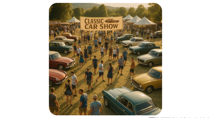 Tłum ludzi na zlocie klasyków, baner "Classic Car Show", logo retricars.com.