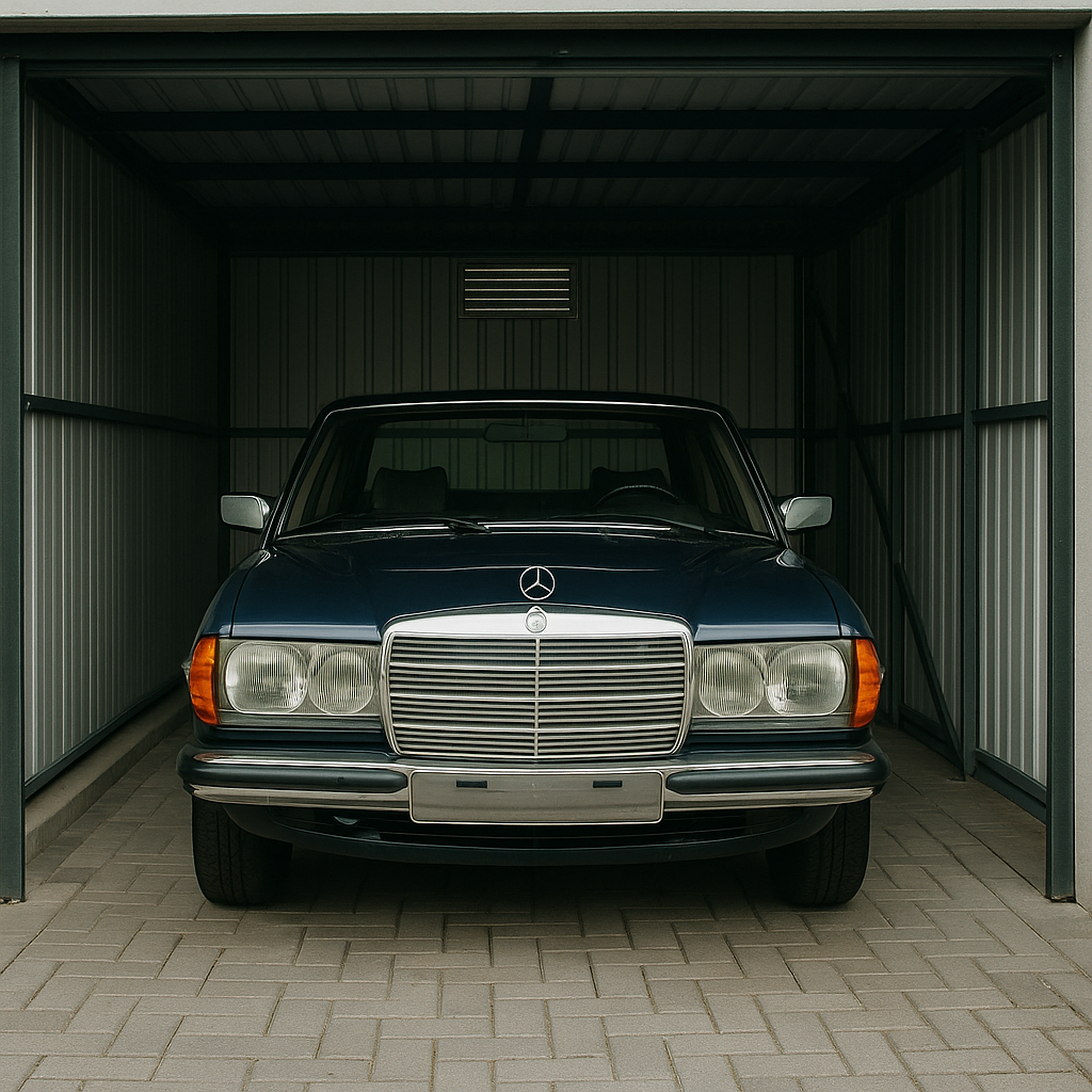Mercedes-Benz W123 w kolorze granatowym zaparkowany w przydomowym garażu blaszanym, na podłodze z kostki brukowej; widoczna wentylacja w tylnej ścianie.