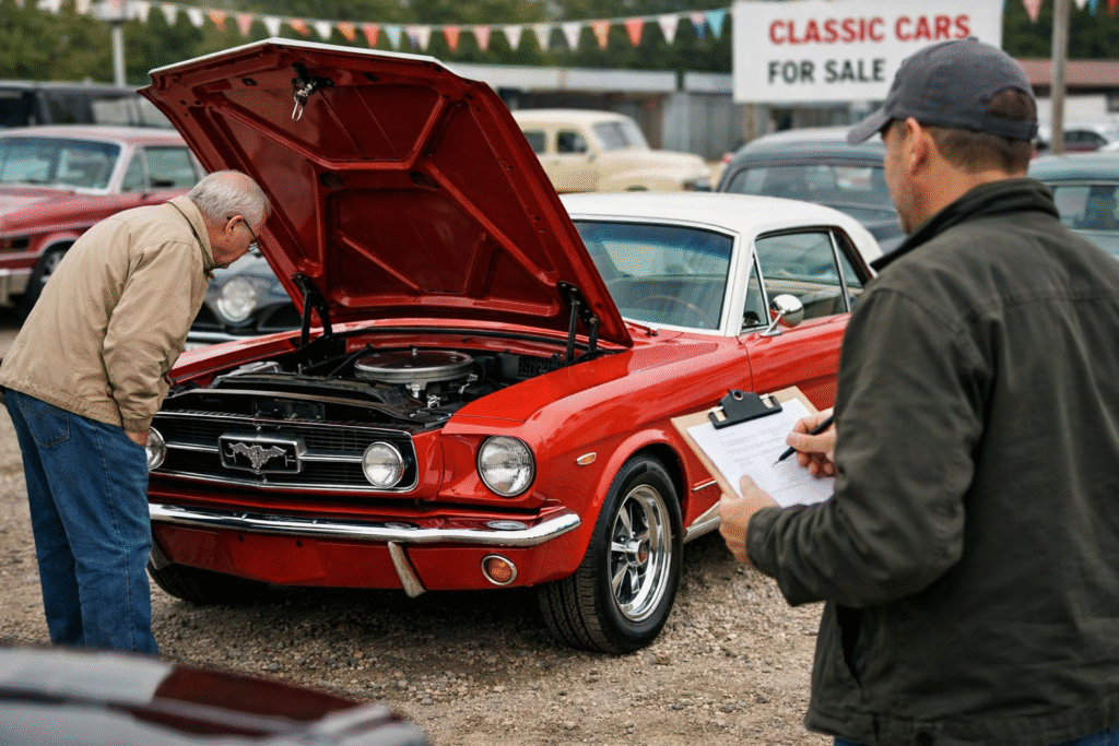 Klasyczny Ford Mustang z otwartą maską oglądany przez kupujących na placu sprzedaży