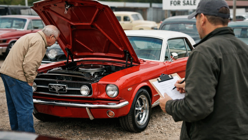 Klasyczny Ford Mustang z otwartą maską oglądany przez kupujących na placu sprzedaży