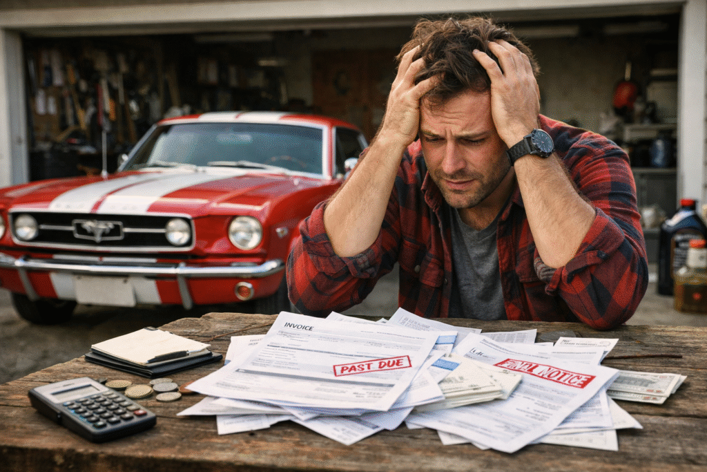 Zestresowany właściciel klasycznego samochodu przeglądający rachunki i faktury w garażu