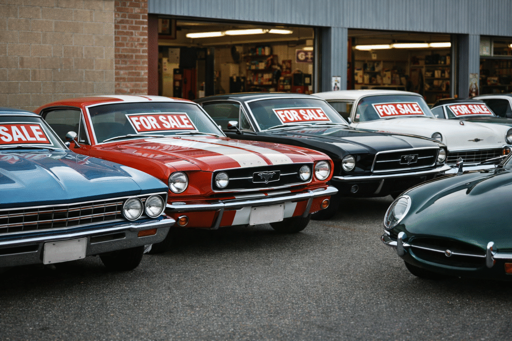 Klasyczne samochody z tablicami „na sprzedaż” zaparkowane przed warsztatem