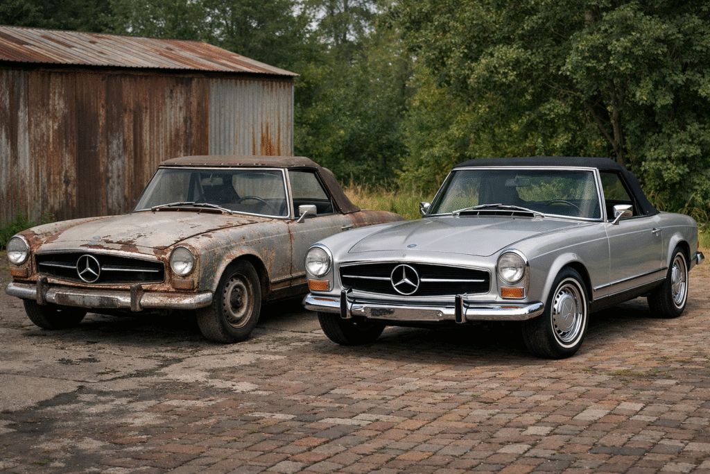Porównanie dwóch klasycznych samochodów w różnym stanie technicznym – wybór klasyka z potencjałem inwestycyjnym