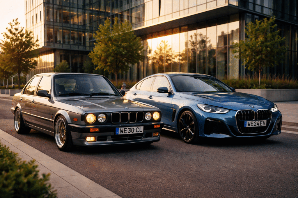 Klasyczne BMW serii 3 E30 zaparkowane obok nowoczesnego BMW serii 3 w miejskiej scenerii