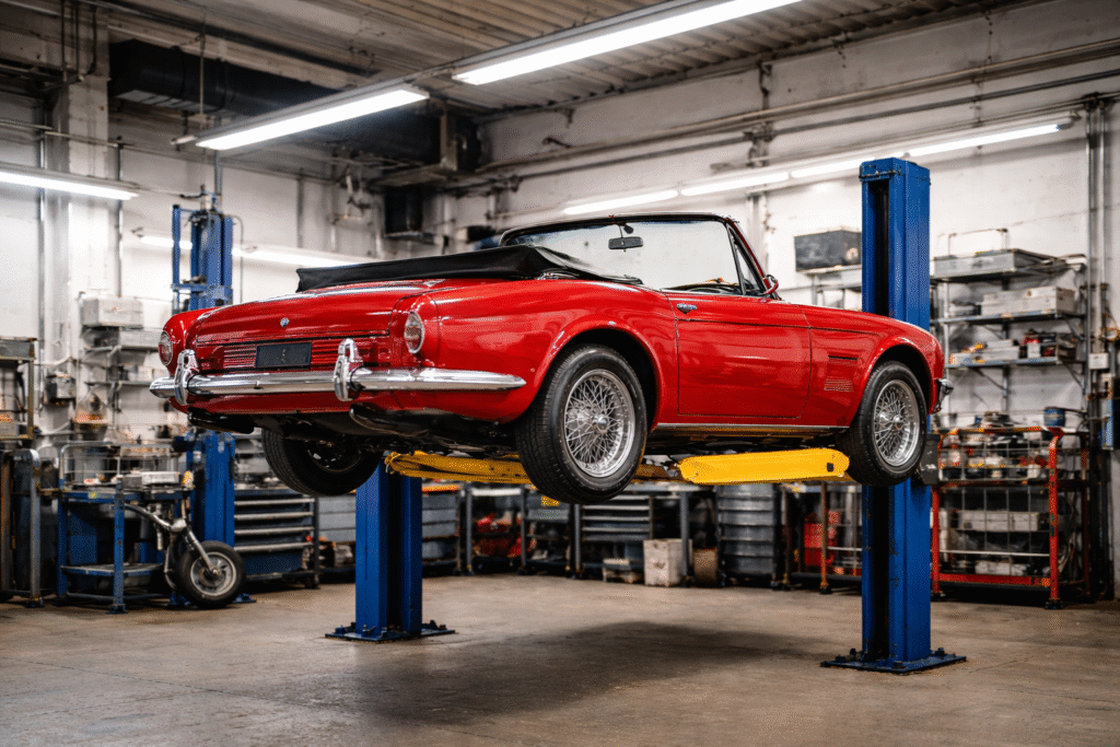 Klasyczny czerwony roadster na podnośniku w warsztacie samochodowym