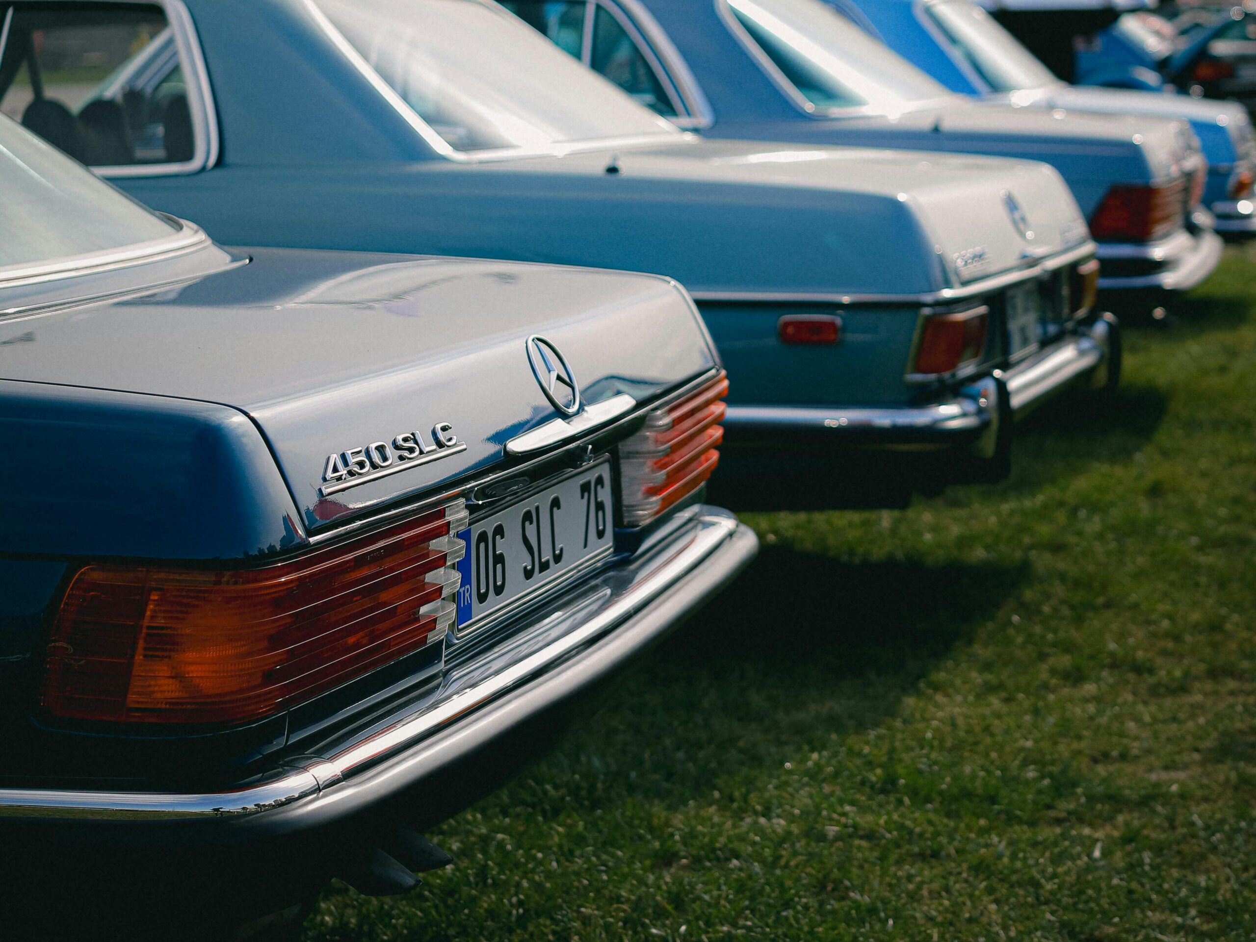 Rząd klasycznych samochodów Mercedes-Benz zaparkowanych na trawie podczas zlotu motoryzacyjnego
